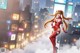 A woman in a red bodysuit standing in the middle of a city.